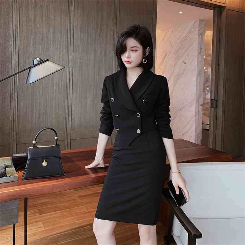 

autumn women's design sense suit short skirt two-piece Office Lady Turn-down Collar Button Fly 210603, Black