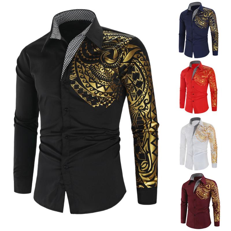 

Men's Dress Shirts Luxury Gold Black Shirt Men Slim Fit Long Sleeve Vintage Printed Button Down Party Club Prom