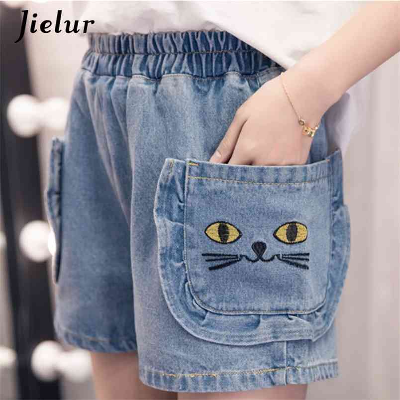 

Jielur -5XL Kawaii Embroidery Cat Jeans Woman Pocket Plus Size Wide Leg High Waist Summer Spodnie Damskie y 210708, Blue
