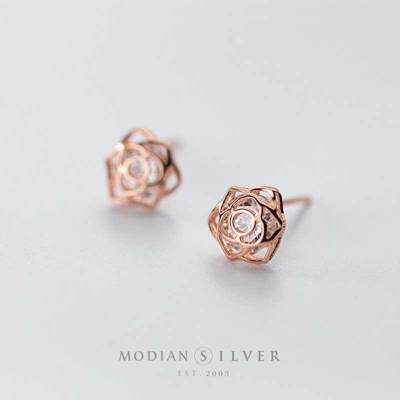

Rose Flower Clear Zirconia Romantic Tiny Stud Earrings Fashion Sterling Silver 925 Jewelry For Women engagement Wedding 210707
