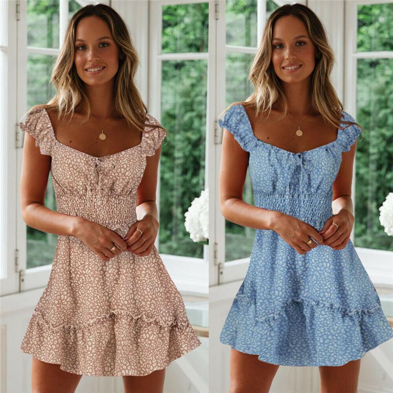 

casual womens summer flowers mini women dresses dress ladies square collar fitted waist sundress holiday fit and flare ruffled, Black;gray