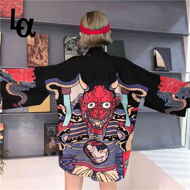 

Japan Style Japanese Batwing Sleeve Kimono Print Vintage Harajuku Blouse Waves And Wind Dragon Shirts 210519, White kmn003jw1