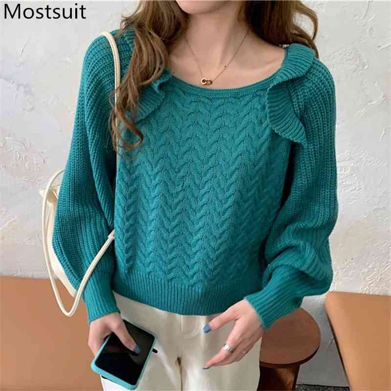 

Korean Ruffles Knitted Sweaters Pullovers Women Long Sleeve O-neck Back Open Lace-up Sexy Sweet Fashion Ladies Jumpers 210518, White