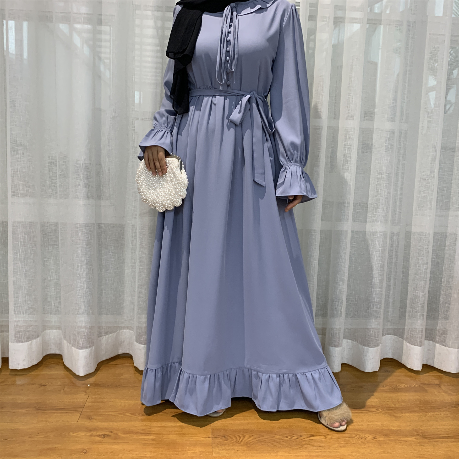 

Sweet Ruffle Sleeve Eid Turkey Muslim Dress Women Kaftan Long Robe Abaya Hijab Vestidos Islamic Clothing Arabic Dresses Mulsuman