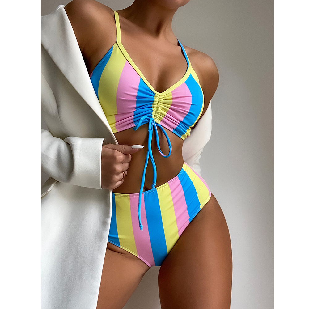 

High Waist Bikini Set 2021 Striped Print Swimwear Women Swimsuit Female Two Pieces Bikini Set Bather Bathing Suit Beachwear Swimswimwear Bat