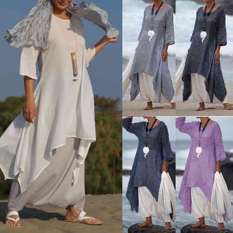 

High Low Cotton Linen Dress Women' Solid Long Sleeve O Neck Loose Midi Summer es Vestido Arrival 210603, White