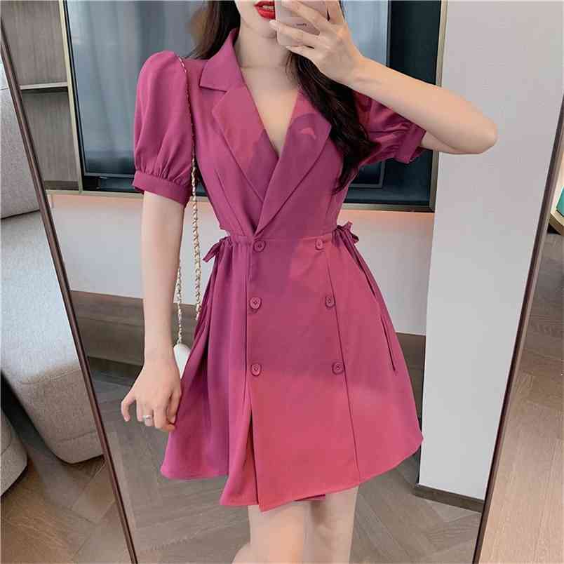 

Summer Korean Elegant For Women Double Breasted Puff Sleeve Sexy Hollow Out Waist Slim Blazer Dress Female 210519, Picture color