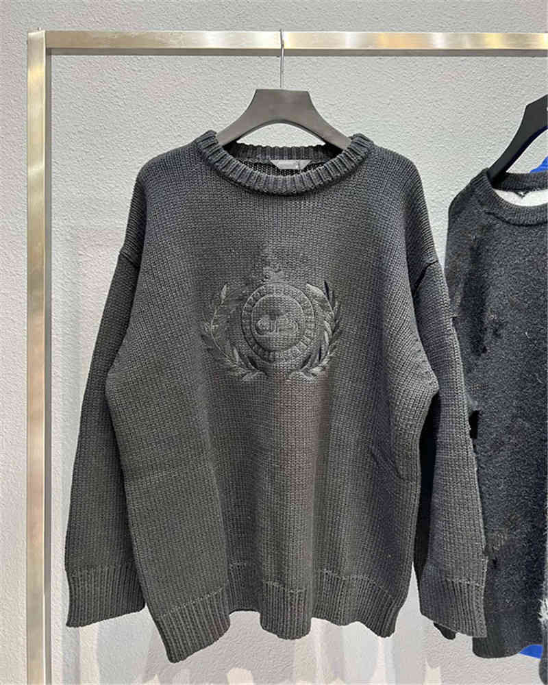 

Men's Hoodies & Sweatshirts High version 21fw autumn winter jacquard sweater crown wheat ear embroidery printed men's and women's loose wool DYH1, Black