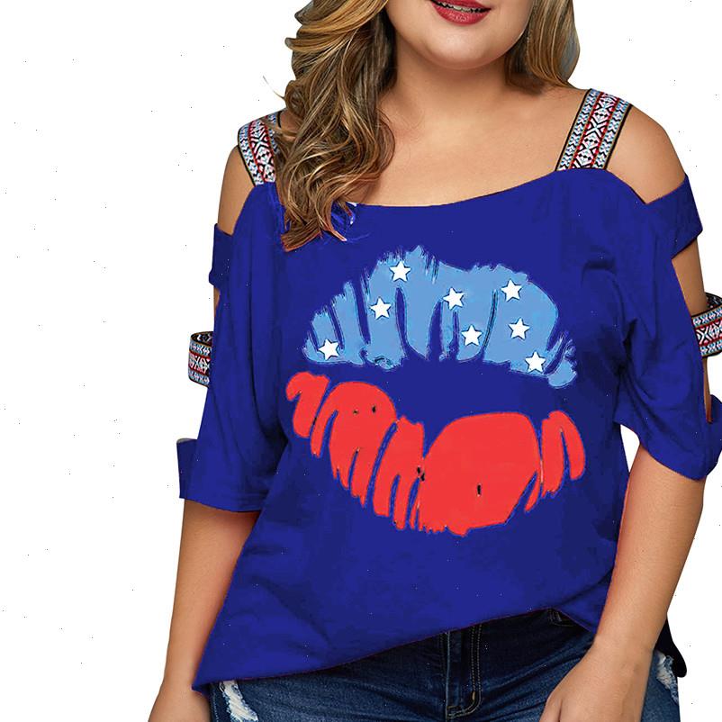 

women t shirts plus size casual flag print off shoulder slings sleeve shirt comfortable clothes summer gm, White