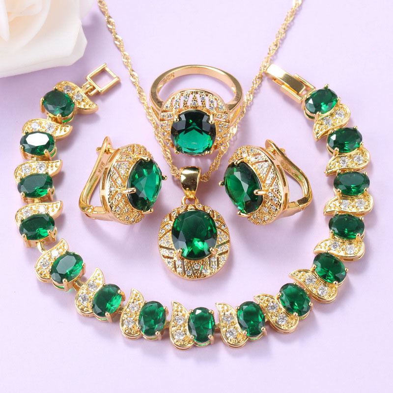 

Luxurious Gold Color Dubai Jewelry Green Cubic Zirconia Charm Bracelet Necklace And Earrings Sets For Women Gift, White 4pcs