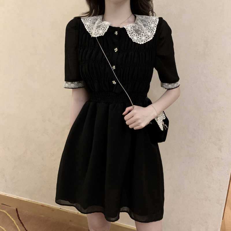 

Summer Retro Lace Peter Pan Collar Short Sleeve Black Chiffon Vestido Holiday A-line Chic Casual Ladies Slim Dress 210526, Picture color