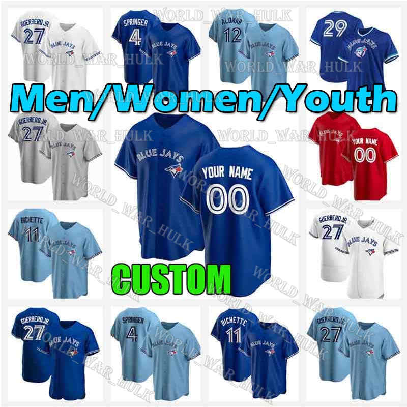 

27 Vladimir Guerrero Jr. Toronto Jersey Blue 4 George Springer Jays Baseball Jerseys 11 Bo Bichette Cavan Biggio Joe Carter Nate Pearson, Blue;black