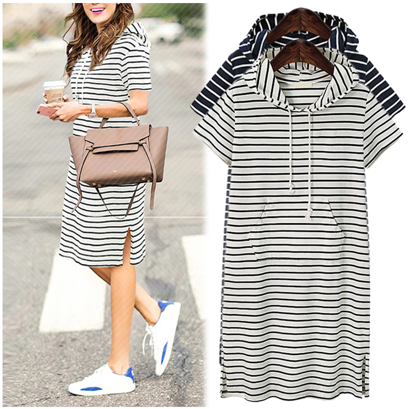 

New Large Size Dress Women Summer Boho Stripe girl Dress Beach Dress girl Fashion women summer Shortsleeve Ladies Casual, 01 blue white