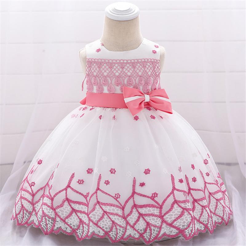 

Girl's Dresses Infant Lace Bow Dress For Girl Baby Christening Clothes Toddler Kids First Birthday Princess Children Party Costume, Pink