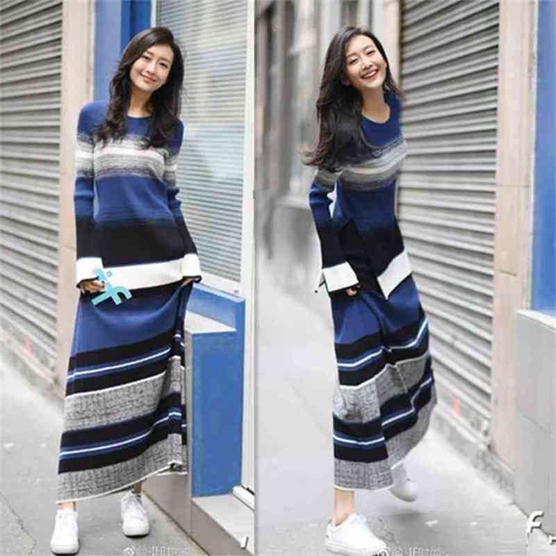 

Luxury Designer Flare Sleeve Knit Sweater Autumn Winter Elegant Women Double-breasted Tweed two piece Skirt set 210603, Picture color