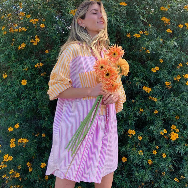 

ZA Striped Patchwork Loose Shirt Women Long Sleeve Plus Size Loose Spring Shirts Woman Patch Pockets Button Up Pink Top 210602