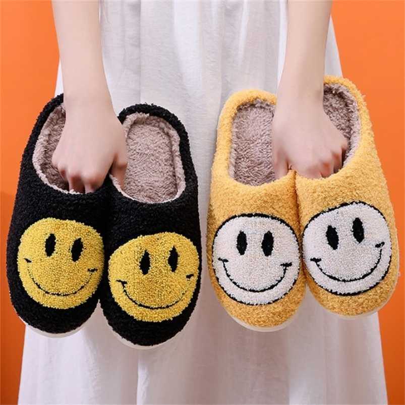 

Smiley Face Slippers Winter Women Fluffy Slippers Plush Warm Soft-soled Cotton Shoes Indoor Home Non-slip Bedroom Flat Shoes 220111, Little smiley black