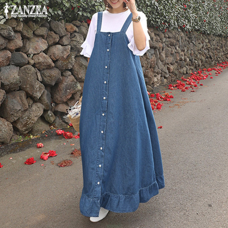 

ZANZEA 2021 Flounce Overalls Dress Womens Sundress Stylish Elegant Button Summer Denim BlueMaxi Vestidos Female Robe Plus Size, Dark blue