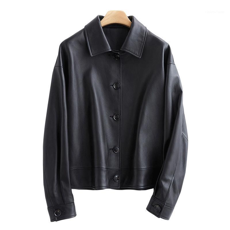 

Men's Leather & Faux 2021 Season Genuine Woman Self-cultivation Sheep Skin Lapel Small Clothing Loose Coat, Black