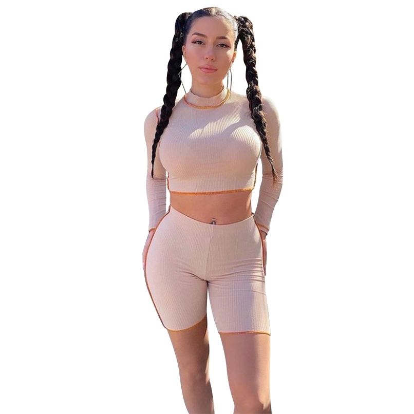 

Solid Patchwork Crop Top Women's Outfits Long Sleeve O Neck Skinny Two Piece Biker Shorts Casual Slim Fashion Sets 210525, Orange