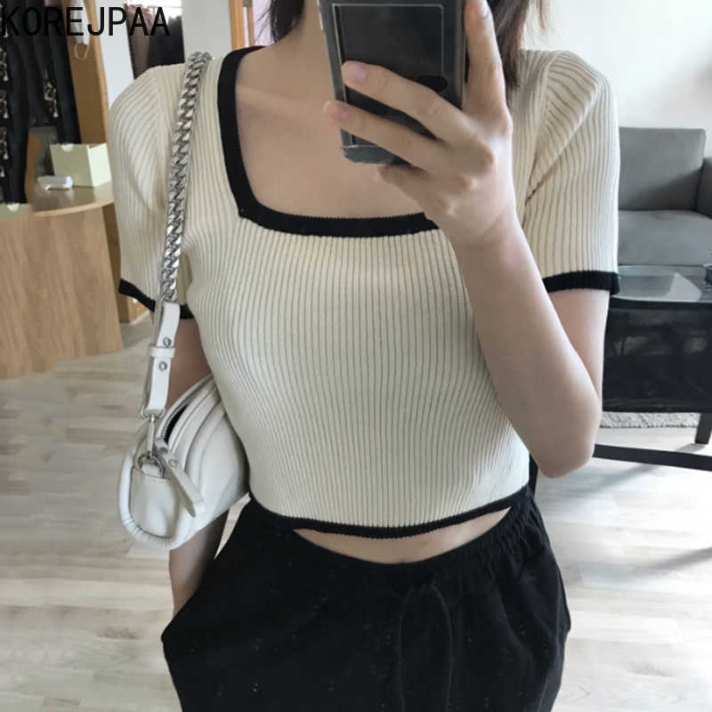 

Korejpaa Women T-Shirt Summer Korean Chic Girls Niche Retro Square Collar Contrast Color Edging Pits Slimming Knitting Top 210526, Beige