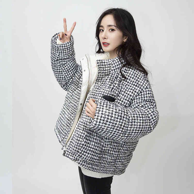 

downs Thicken Warm Tweed er Jacket Women Fashion Houndstooth Plaid Cotton Padded Woolen Bubble Coat Winter Clothes streetwear, Black
