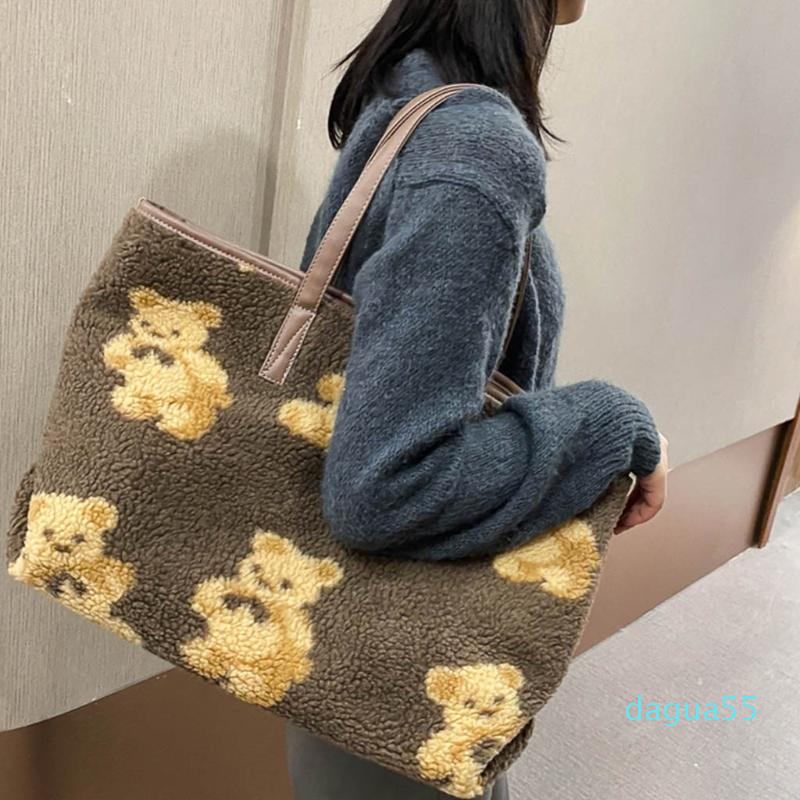 

Women Lamb Like Fabrics Shoulder Tote Bag Fluffy Fur Bear Handbags Shopping Bags Q1QA, Black