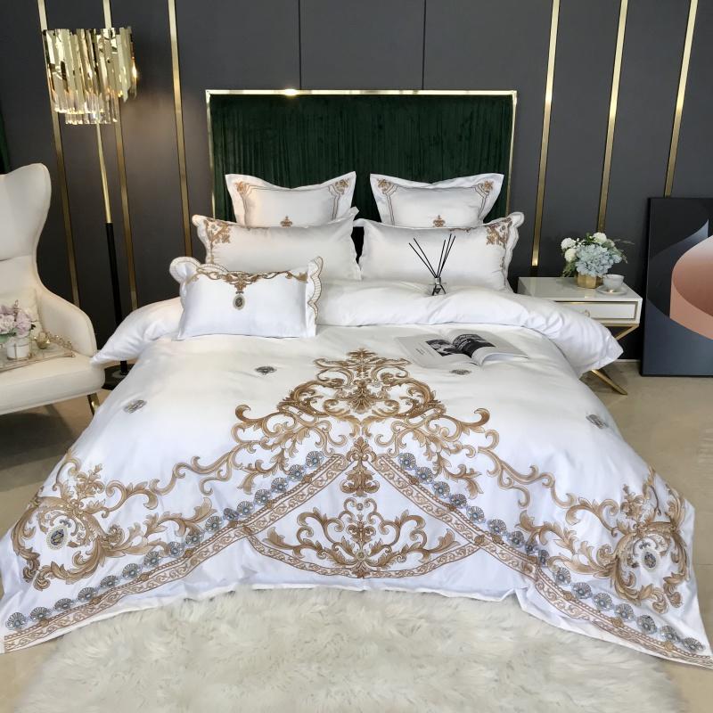 

Bedding Sets Golden Chic Embroidery White Duvet Cover Set 4pcs Washed Silk/Cotton Wedding Bed Sheet Pillowcases Queen King Size