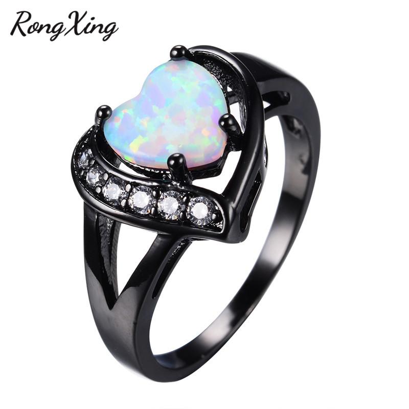 

Wedding Rings RongXing Cute Heart Rainbow Opal Fire For Women Fashion Jewelry Vintage Black Gold Filled White Zircon Ring RB0615