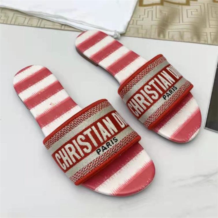 

Slippers Joker D Striped Letter Women's 2021 Fashion Flat-bottomed Words Wear Casual Beach Sandals And, Black