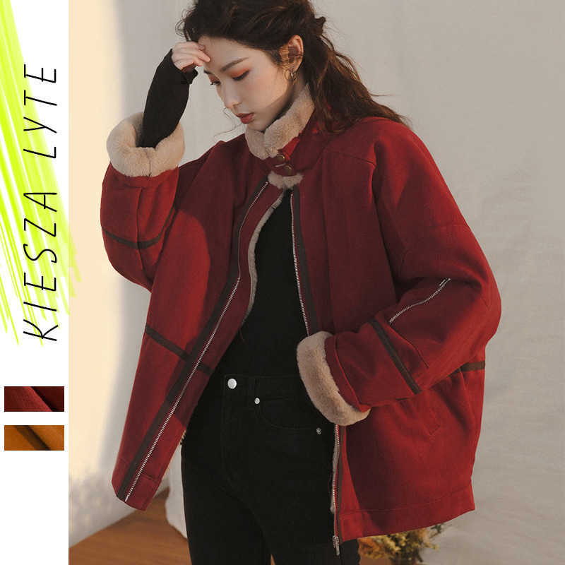 

Women's Fur Coat Winter Padded Jacket Long Sleeve Imitation Rabbit Thick Coats Bomber Outwear Mujer Clothes 210608, Red
