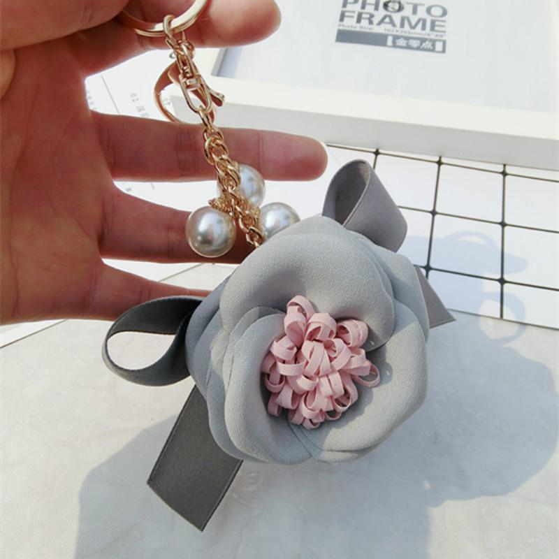 

Keychains 2021 Simple Cute Imitated Pearl Bow Linen Flower Key Chains For Girl Women Fashion Car Bag Ornament Jewelry Accessories