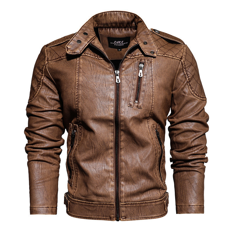 

Mens PU Leather Stand Collar Jackets Pocket Long Sleeved Zipper Jacket with Pockets Mens Autumn Casual Pure Color Clothing, Black