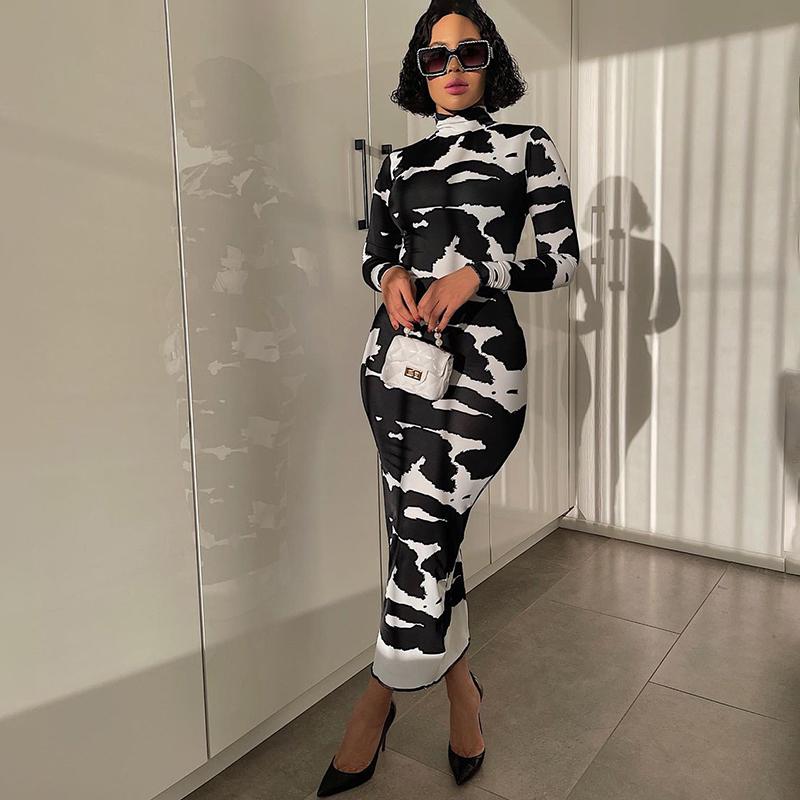 

Casual Dresses Fall Clothes Wholesale Items Women Fashion Autumn Long Sleeve Printed Bodycon Pencil Dress Streetwear, Black;gray