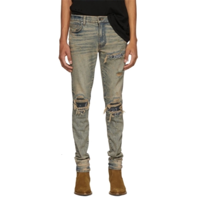 

chrome/hearts Amir Chao Brand High Street 20fw Mx1 Used Cashew Flower Hole Elastic Small Leg Jeans for MenWBP4, Blue
