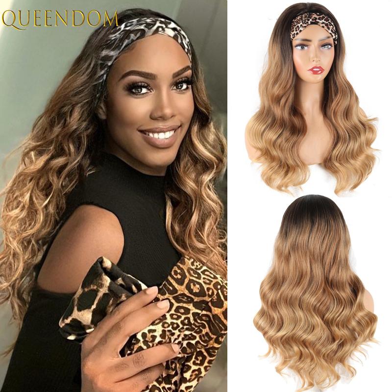 

Synthetic Wigs Ombre Brown Natural Wave Headband For Women None Replacement Body Headwraps Hair Wig Honey Blonde Turban, #1b