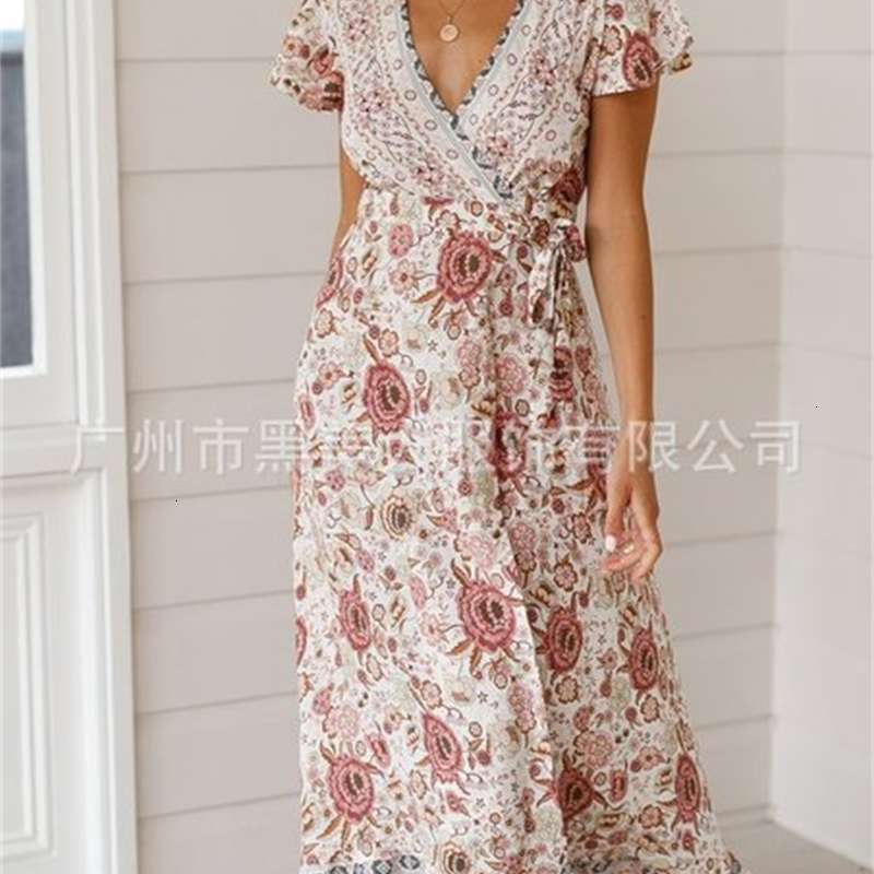 

fashion wrap Dresses Casual waist lace up Bohemian positioning print mid length dress, White