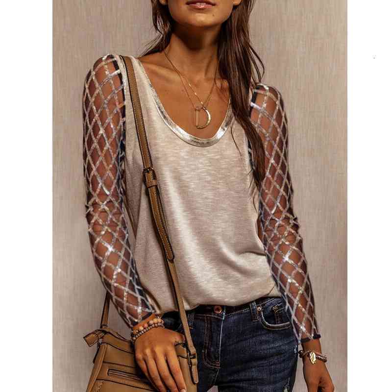 

women's t-shirt sequined long sleeve tshirts woman summer fashion loose casual round neck streetwear solid womens lugentolo 6i70, White