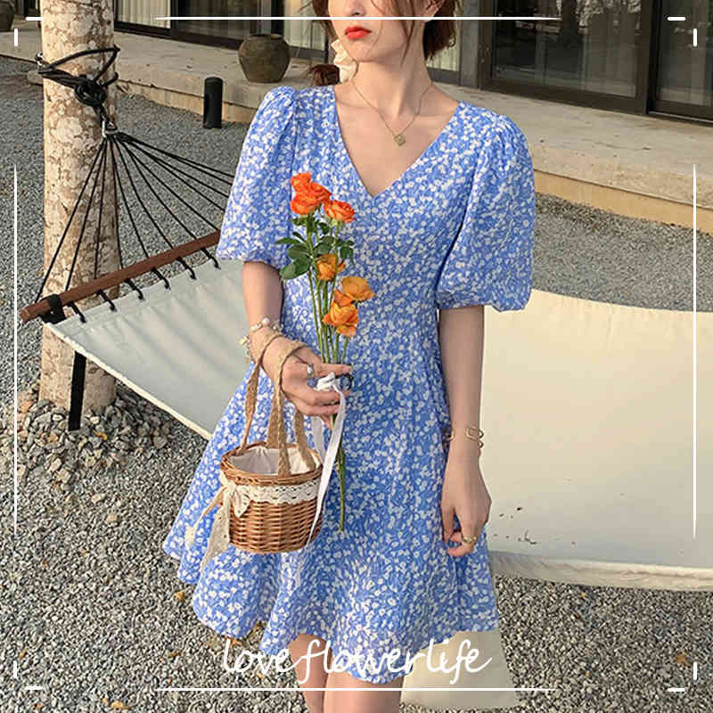 

Summer Short Sleeve Floral Dress Women Chic Fairy Elegant Vintage Mini Dress Office Lady Casual Beach Dress Korea 210521, Black