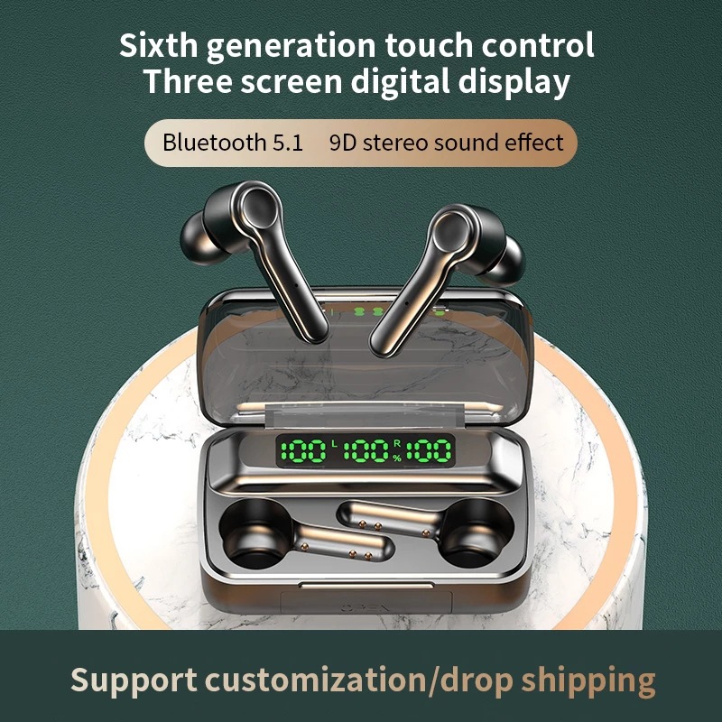 

TWS Wireless BT5.0 Earphone Waterproof Sports Headphone 9D Hifi Stereo Mini Earbuds Noise Canceling Headsets With Microphone, Black