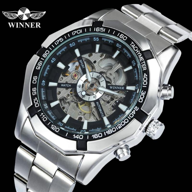

Official Classic Business Auto Mechanical Watch Men Stainless Steel Strap Golden Skeleton Mens Watches Top Wristwatches, Black