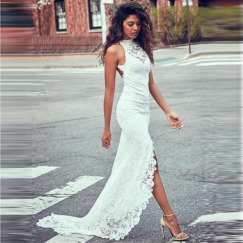 

Party Dresses Round Ne Lace Sleeveless Long Slim Floor, White;black