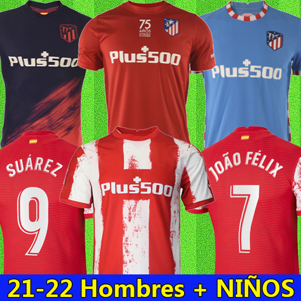 

Atletico soccer jerseys SUAREZ Madrid JOAO FELIX 2021 2022 LLORENTE KOKE SAUL CARRASCO CORREA camiseta LEMAR football shirts Mens JOÃO FÉLIX Jersey Kids Kit 75th years, 21/22 home