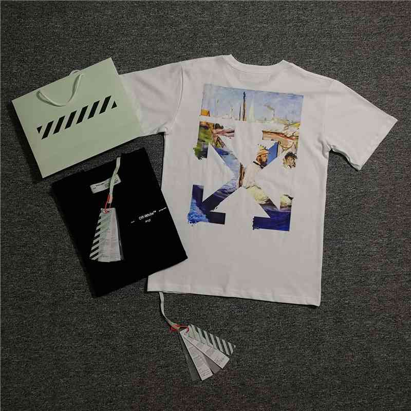 

OW 19SS Men's T -Shirt hand painted black an d white Forrest Gump HD oil painting cotton T-shirt with round neck and short sleeves, White;black