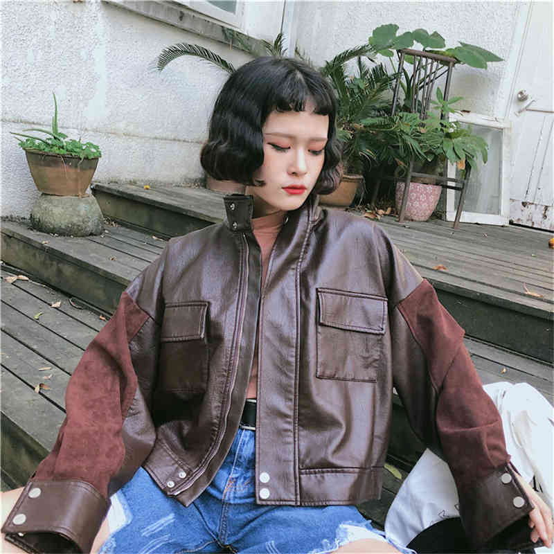 

Women's Jackets Casual solid short jacket pu feminine leather , brown vintage shredder for bh50jk women JHZH, 1# shoe box