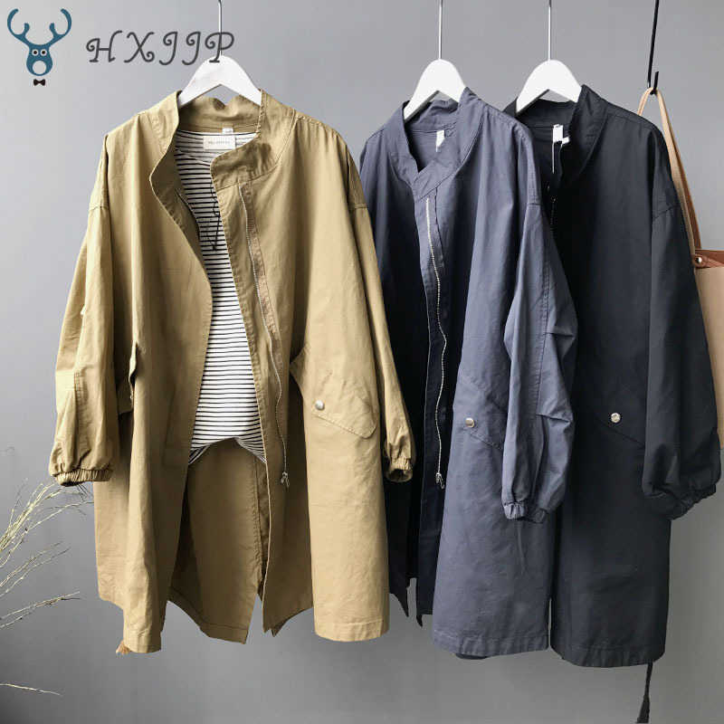 

HXJJP Ladies Khaki Trench Coat Women Fashion Waterfall Korean Loose Autumn Winter Thin Type s Windbreaker Female 210607, Black