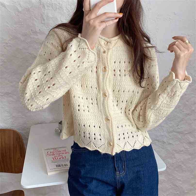 

Vintage Hollow Out Chic Gentle Girls Cardigans Sweet High Waist Women Cute Streetwear Clothe Sweaters 210525, Apricot
