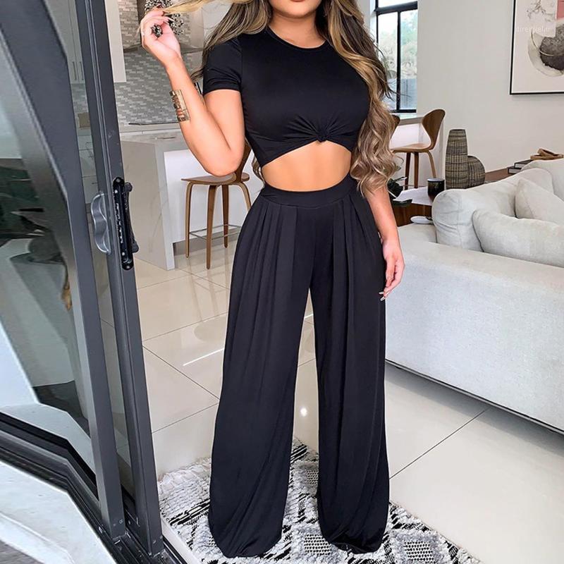 

Running Sets Fashion Women Sexy Sportswear Casual Two-Piece Solid Color Short Sleeve Tops And High Waist Wide Leg Long Pants Set Tracksuit#g, Black;blue