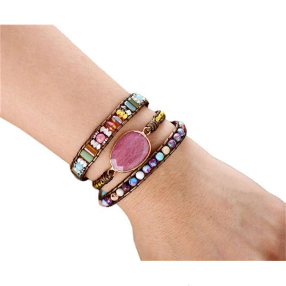 

Link Best selling leather wrapped Bracelet Red stone natural crystal beads weaving art jewelry gifts, Black