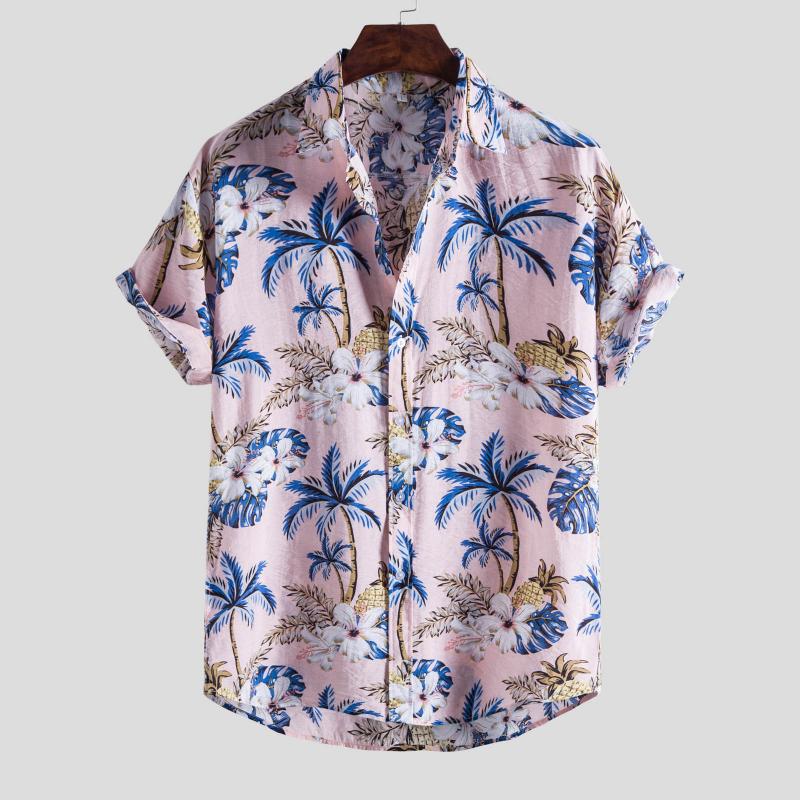 

Men's Casual Shirts 4# Mens Hawaiian Printed Loose Beachwear Short Sleeve Buttons Shirt Good Quality Men Plus Size Tops Blouse, Pink